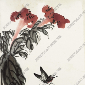 齊白石國畫_杜鵑花與蝴蝶_無款無印章_高清圖片下載