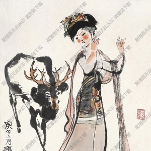 程十發(fā)國(guó)畫(huà)作品 少女與鹿3 高清下載