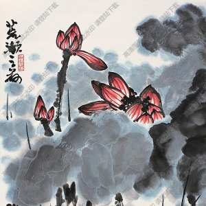 李苦禪國(guó)畫(huà) 紅荷圖 高清大圖下載