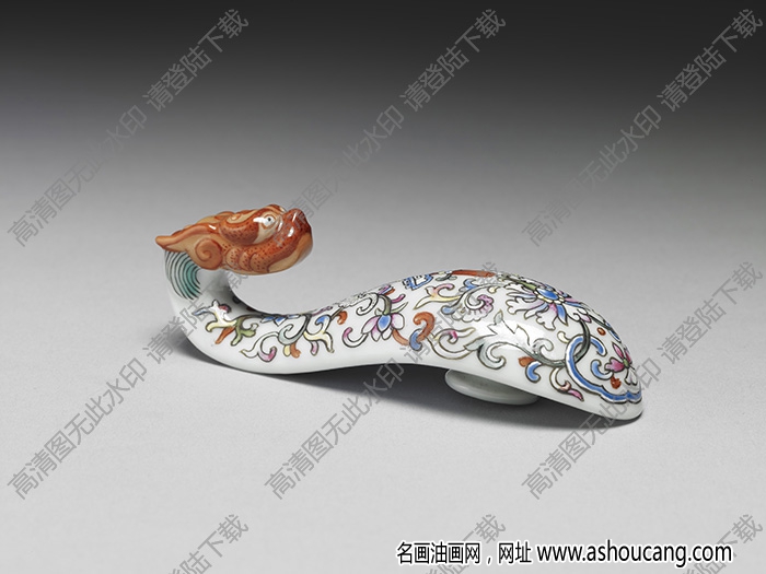 清 白地粉彩龍首瓷帶鉤 高清大圖下載