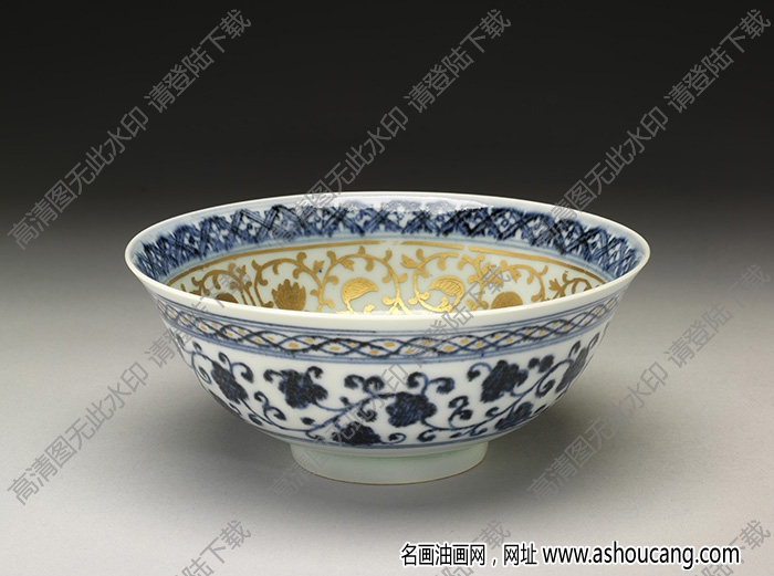 明永樂 青花蓮塘紋金彩碗 高清大圖下載