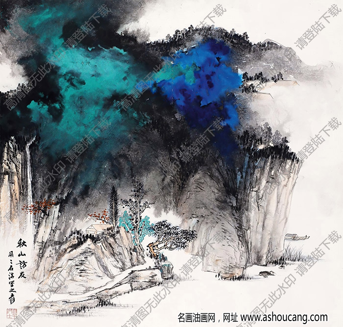 張大千國畫作品_潑彩山水人物_秋山訪友圖_高清大圖下載