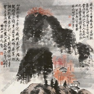 齊白石山水畫_長(zhǎng)沙煙云_如花楓葉小亭閑_高清大圖下載