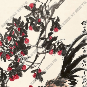 齊白石國畫_荔枝樹下公雞教子圖_八十七歲畫_高清大圖下載