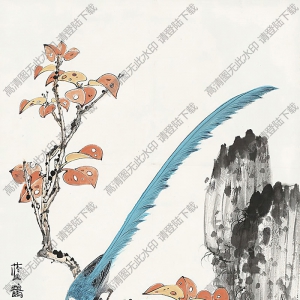 謝伯子國(guó)畫(huà)作品 藍(lán)鵲紅葉圖 高清下載