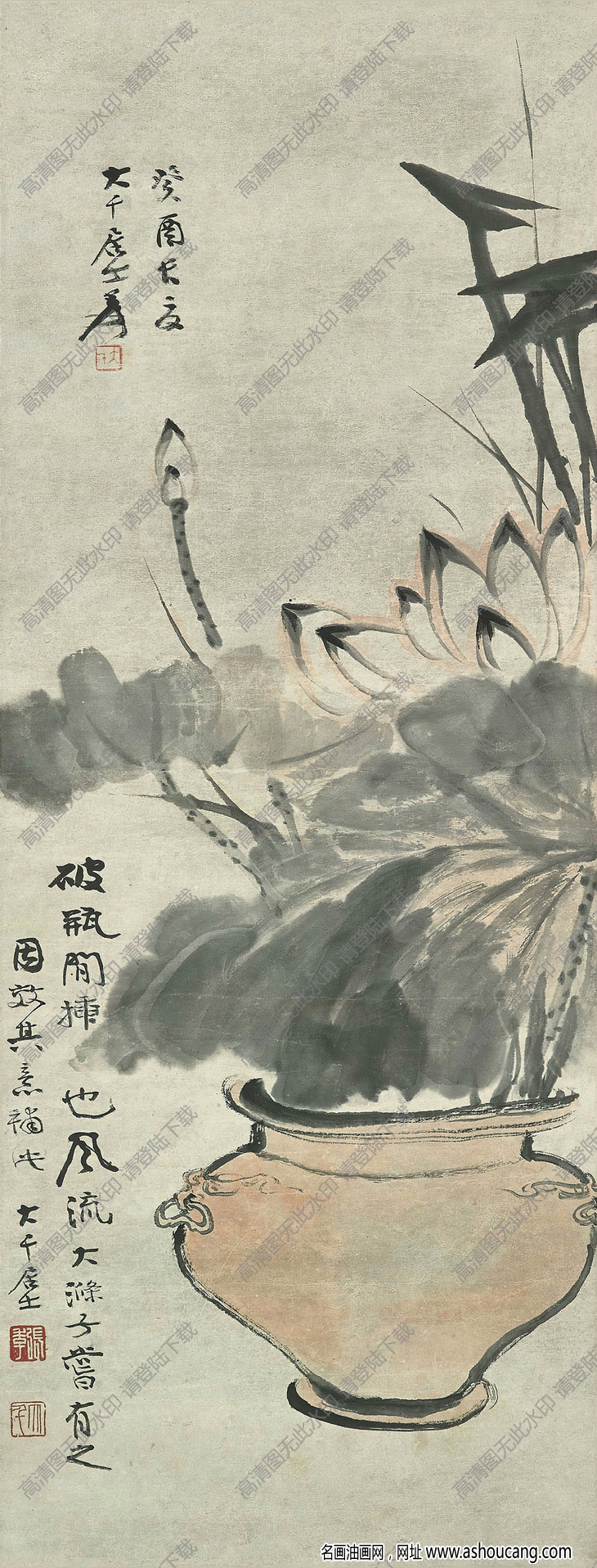 張大千國畫29 荷花 破瓶閑插也風流 高清圖片下載