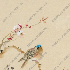 戈湘嵐作品_桃枝棲禽_高清大圖下載