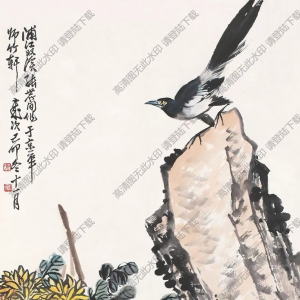 張世簡國畫_喜鵲菊石圖_高清大圖下載