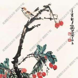 張世簡_花鳥畫_枇杷枝頭麻雀立_高清大圖下載